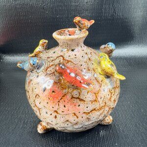 Vintage Folk Art Style Pottery Stoneware Vase Vessel With Applied Birds All Over